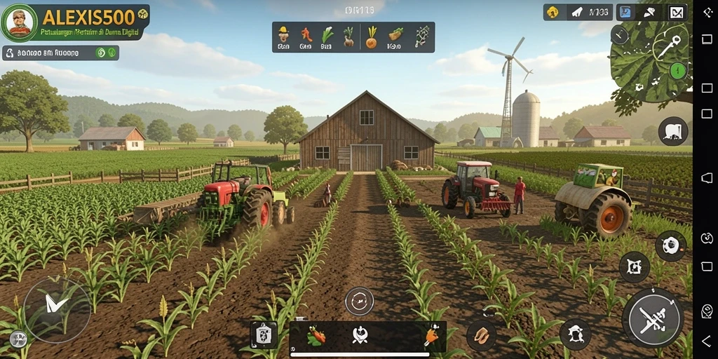 Screenshot ALEXIS500 menampilkan gameplay pertanian yang seru dan berwarna.