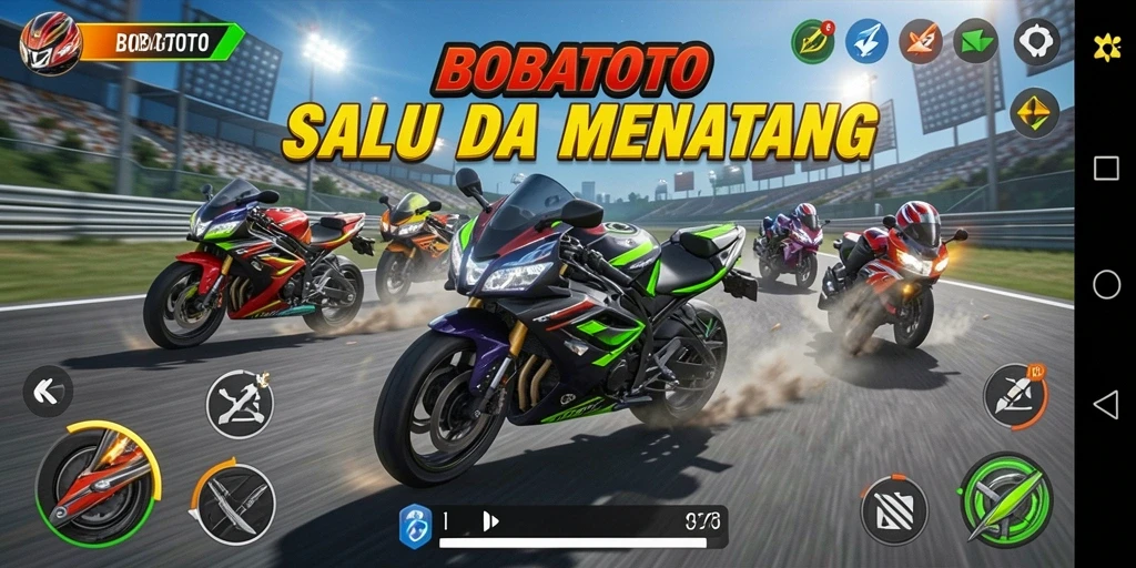 Screenshot gameplay BOBATOTO yang menunjukkan aksi balap motor yang mendebarkan.