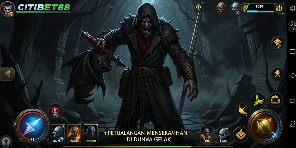 Screenshot gameplay CITIBET88 yang menampilkan suasana horror yang mencekam.