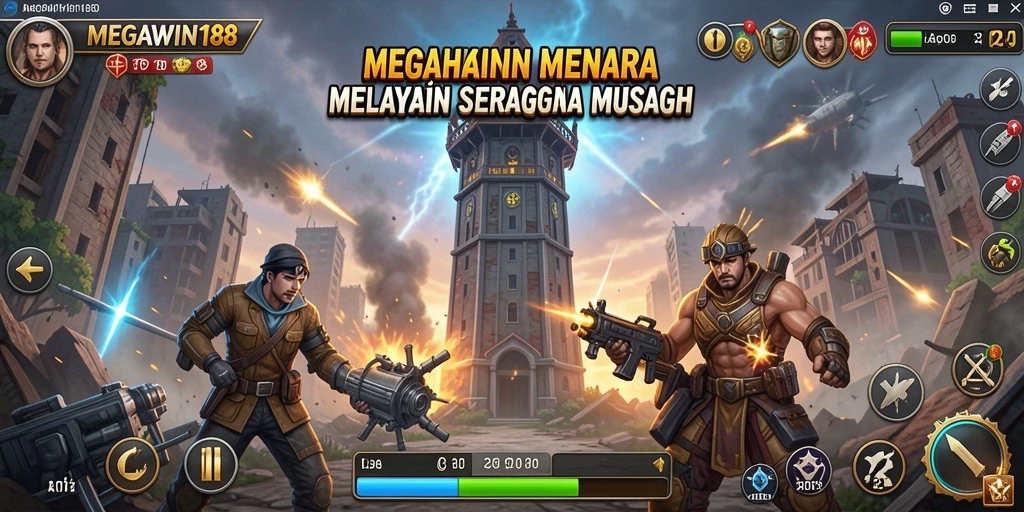 Screenshot gameplay MEGAWIN188 menampilkan pertahanan menara yang strategis.