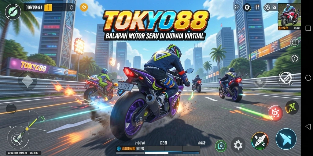 Screenshot menunjukkan aksi balap motor yang intens dan mendebarkan.