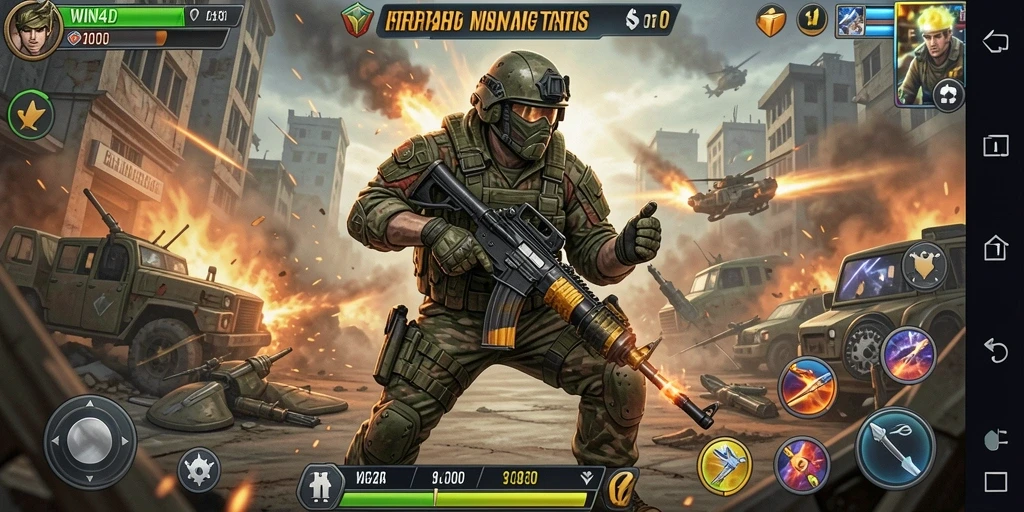 Screenshot utama WIN4D menampilkan pertempuran mendebarkan dalam gaya FPS.